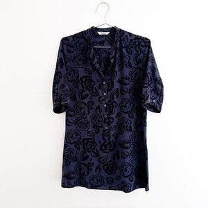 Tucker 100% Silk Navy Blue Floral Popover Blouse